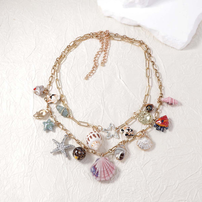 Wholesale Bohemian Fashion Double Layer Stacked Alloy Glass Shell Metal Necklace