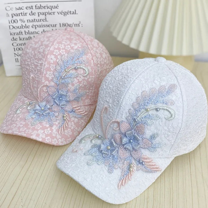 Wholesale Floral baseball cap, lace nail bead flower sunscreen hat, sunshade and breathable
