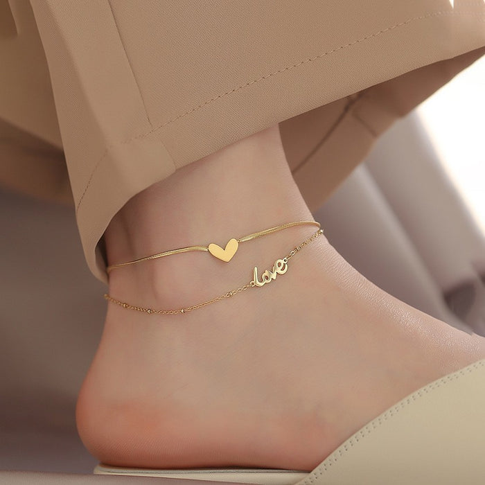 Wholesale Double-layer titanium steel heart shaped letter gold-plated Anklets