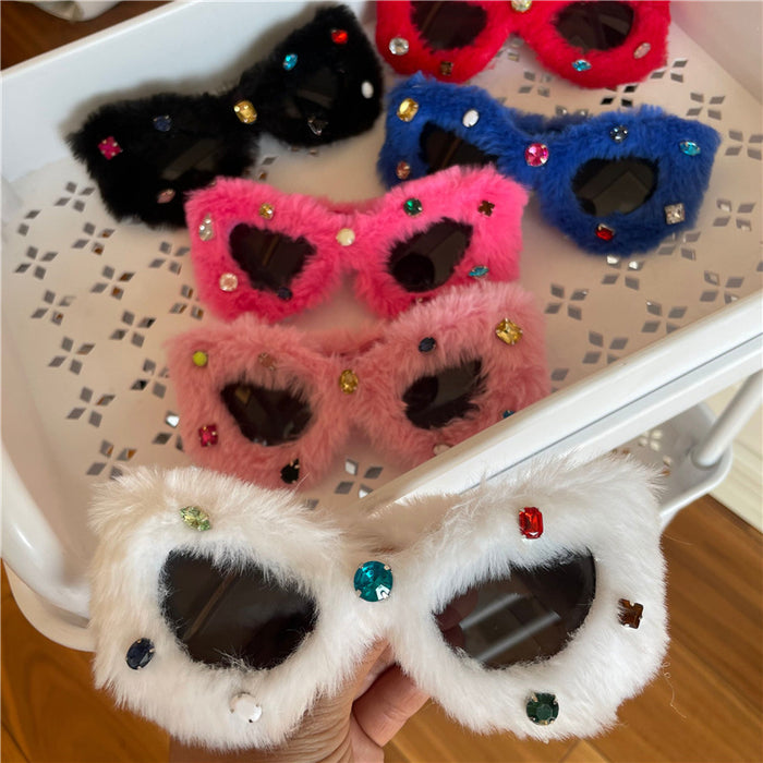 Wholesale Glasses birthday funny plush glasses triangle white cat ear sunglasses with diamond design