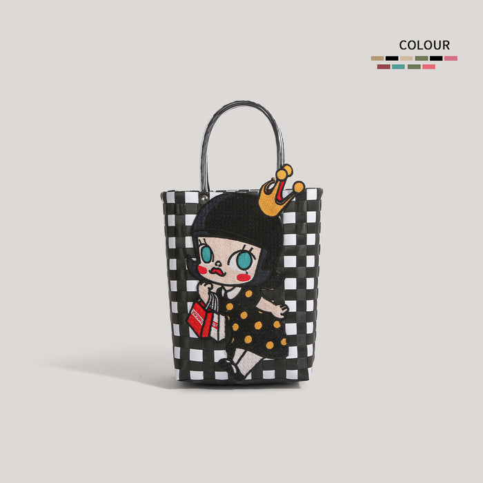 Wholesale  Plastic Woven Handbag Black Leather  Woven Vegetable Basket Handbag Handmade Bag