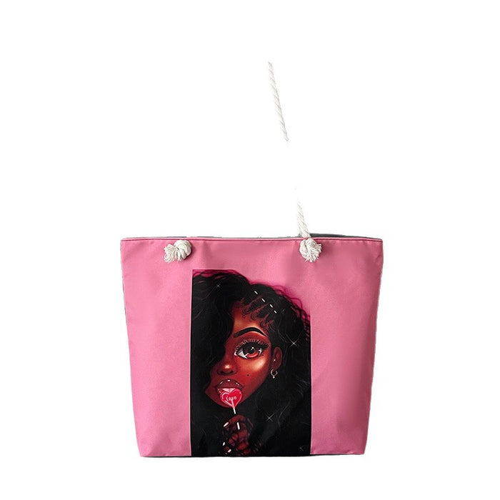 Wholesale Outdoor practical versatile retro canvas bag cartoon print portable beach bag large capacity