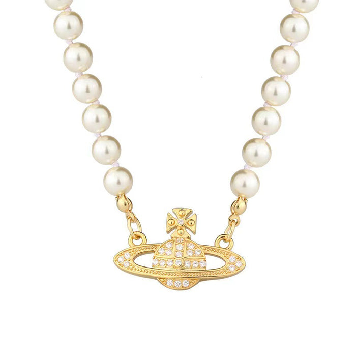 Wholesale  Gold Saturn Necklace Female Planet Pearl Classic  Clavicle Chain