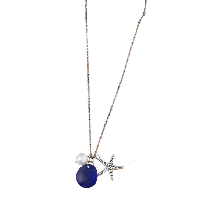 Wholesale Zinc alloy starfish and seashell pendant necklace with glass chain