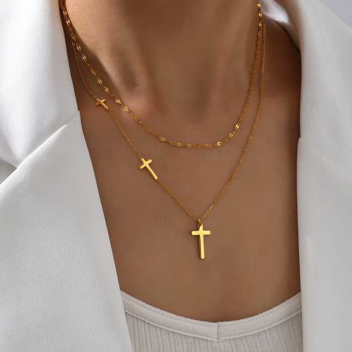 Wholesale Titanium Steel Cross Double Layer Necklace JDC-NE-YaS002