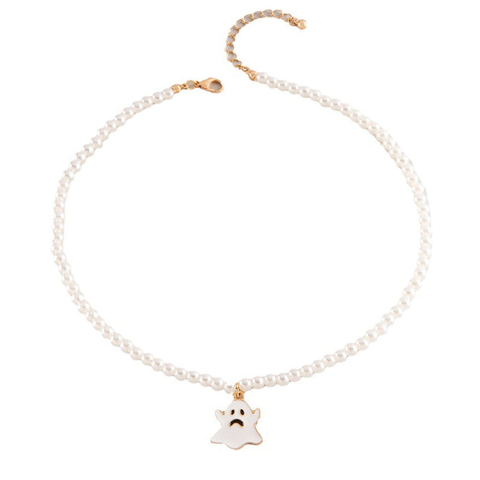 Wholesale Ghost Pendant Necklace White Imitation Pearl Chain Trendy Fashion Accessory MOQ≥2