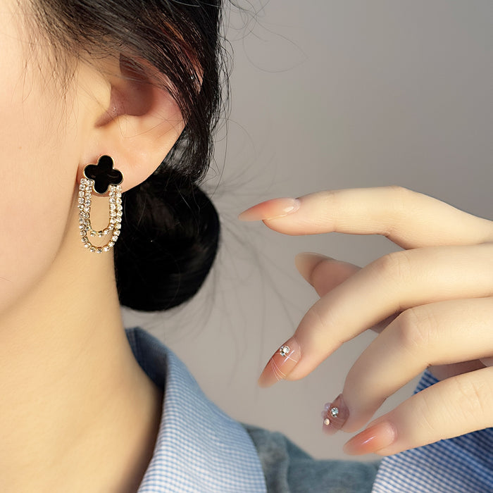 Wholesale Earrings with versatile temperament, diamond studded tassel earrings, four leaf clover earrings, niche