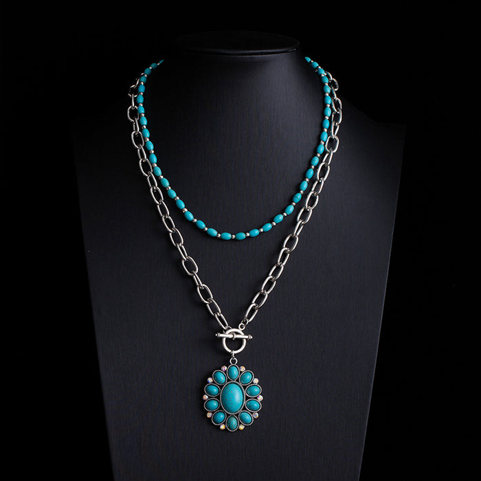 Wholesale Retro ethnic style turquoise necklace,  Western denim style,  multi-layer layered sweater chain