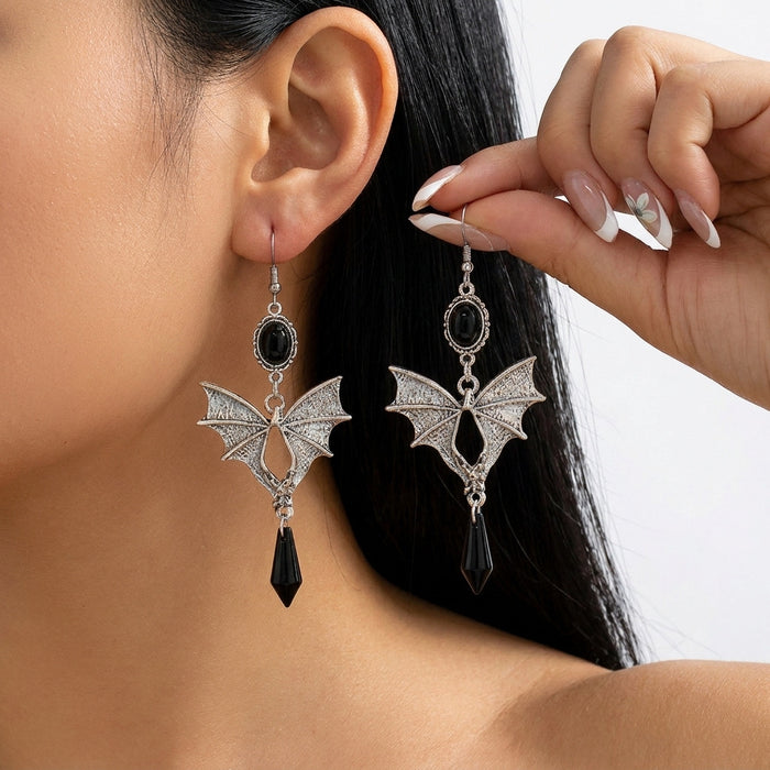 Wholesale Gothic Bat Wing Necklace and Earring Set Black Red Rhinestone Vintage Metal Chain
