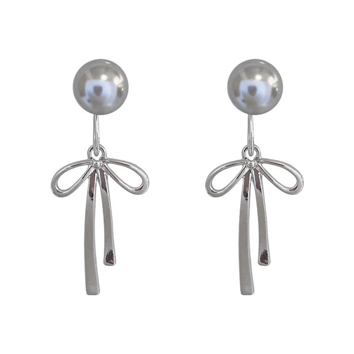 Wholesale Pearl Quality Hemp Gray Two-Wear Bow Silver Needle Earrings