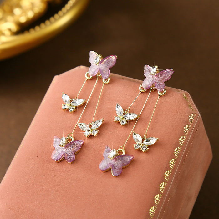 Wholesale Silver Needle Butterfly Earrings, Light Luxury, High Grade, Sparkling Diamond Long Earrings, Retro Style Earrings