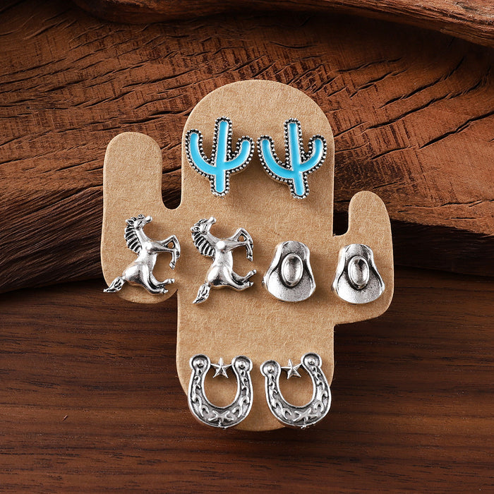 Wholesale Horseshoe Cactus Heart Shape Cowboy Boots Earring Set Western Cowboy Earring Set