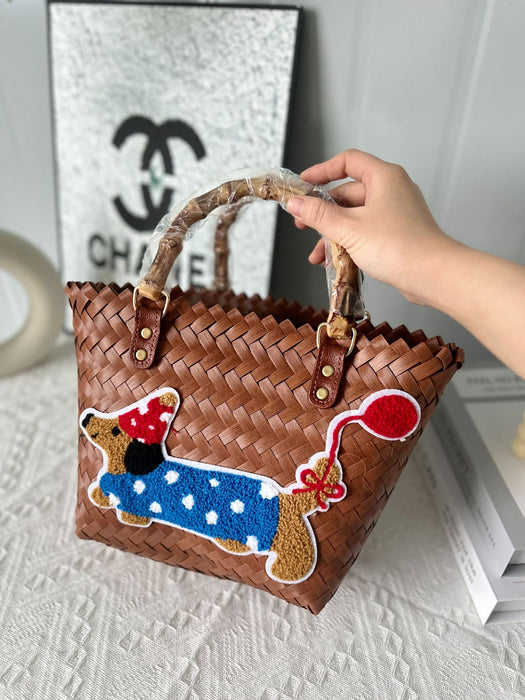 Wholesale Dachshund Striped Straw Bag Retro Woven Vegetable Basket Small Square Bag Commuter Tote Bag Shoulder Bag Cross-Border