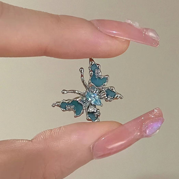 Wholesale Blue butterfly drop oil enamel open ring, niche design, personalized fashion, versatile