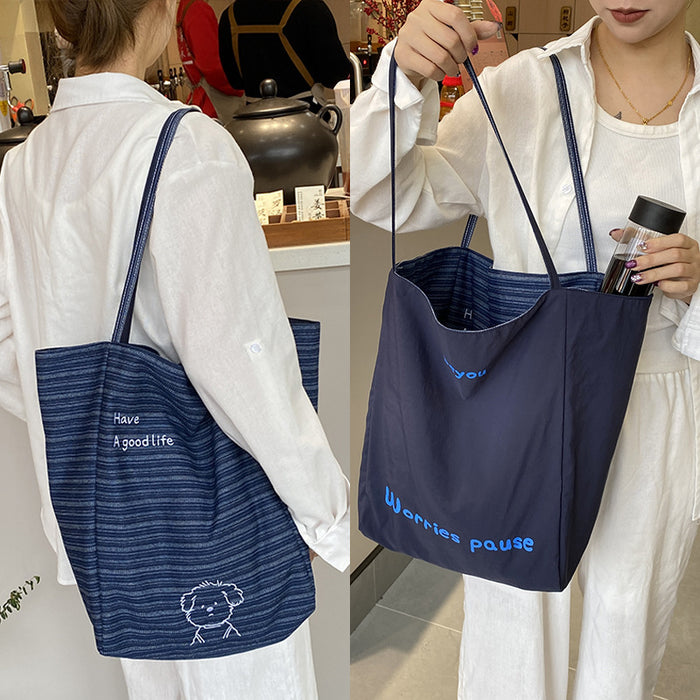 Wholesale Tote casual single shoulder large capacity bag with embroidered canvas denim bag on both sides
