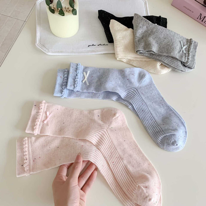 Wholesale Thin socks, butterfly knot yarn pile socks, hollowed out Japanese lace mid tube socks