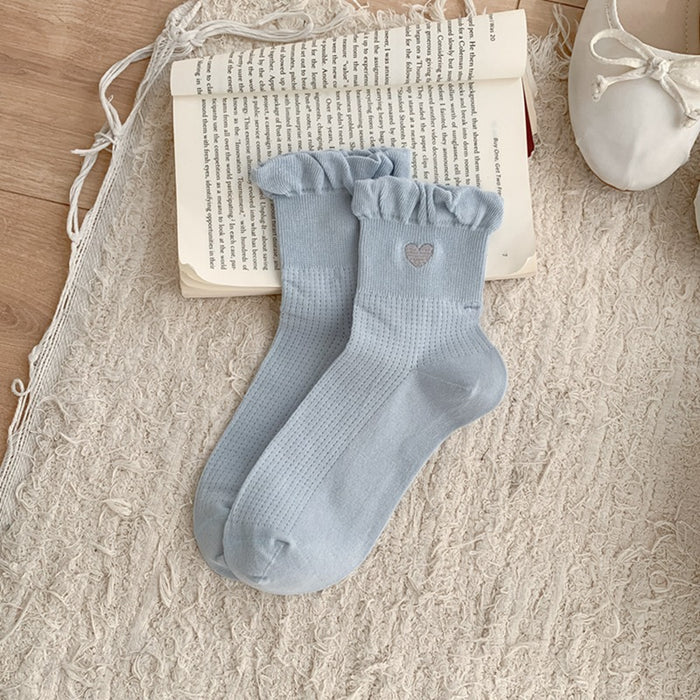 Wholesale Socks with heart-shaped embroidery, thin cotton bubble edge, short tube socks, boneless and breathable