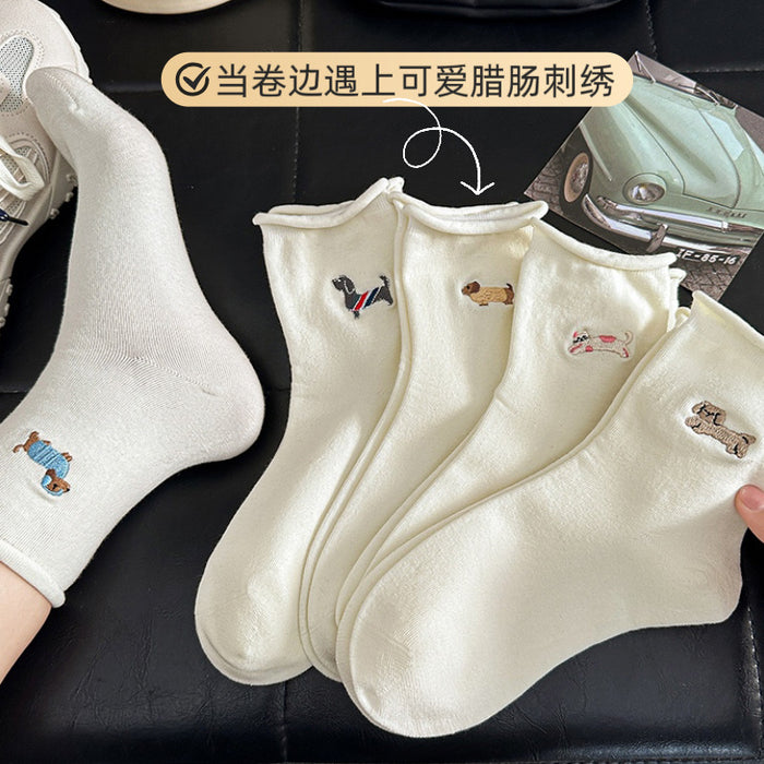 Wholesale Socks with embroidered edges, cute cartoon style, mid tube socks, cotton socks