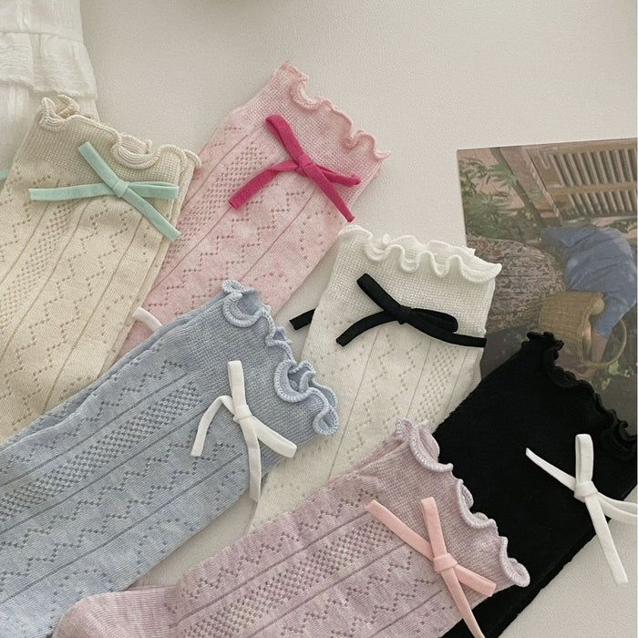 Wholesale Bow shaped mid tube socks with thin hollow mesh breathable stacking socks