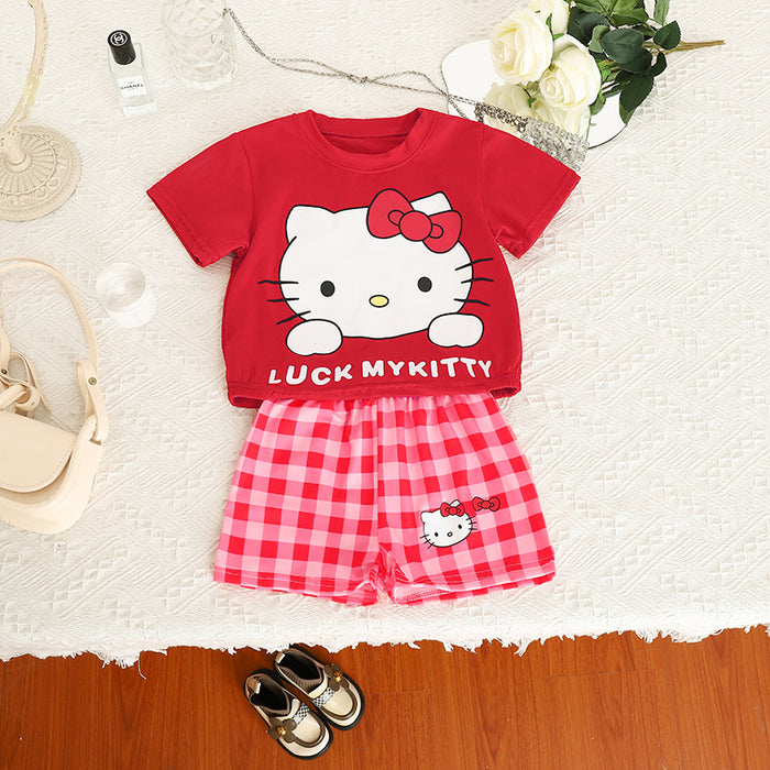 Wholesale Cartoon Cute T-shirt Plaid Shorts Children's Suit JDC-CTS-XiaoHZ004