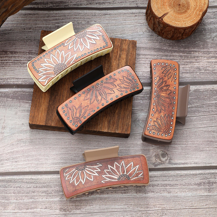 Wholesale Western Style Leather Hairpin Sunflower Pattern Clip Women Shark Clip