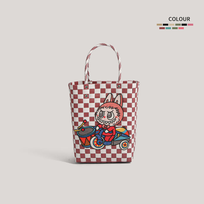 Wholesale  Plastic Woven Handbag Black Leather  Woven Vegetable Basket Handbag Handmade Bag