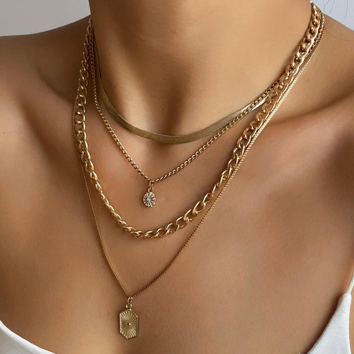 Wholesale New minimalist and fashionable diamond studded square brand sun decoration multi-layer necklace alloy collarbone chain for women