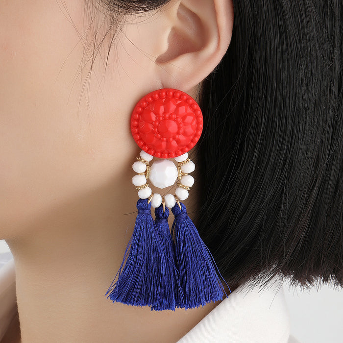 Wholesale Red, blue, and white rainbow shaped woven cotton rope tassel with sparkling pink acrylic earrings