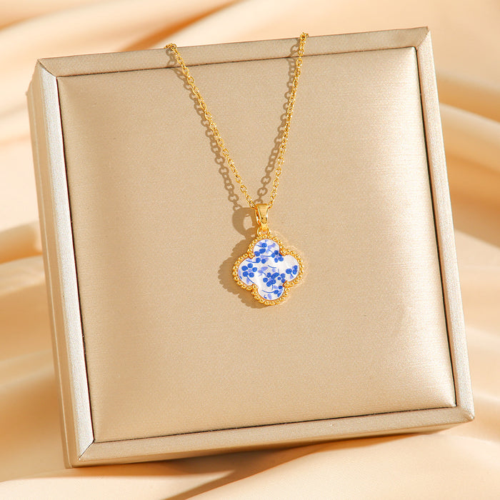 Wholesale 2pcs Gold Blue White Porcelain Four Leaf Clover Titanium Steel Pendant Necklace