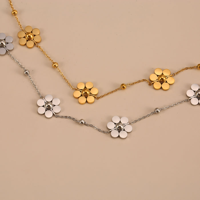 Wholesale Fashion temperament stainless steel floral daisy necklace with 6 petals and round bead chain color preservation wholesale