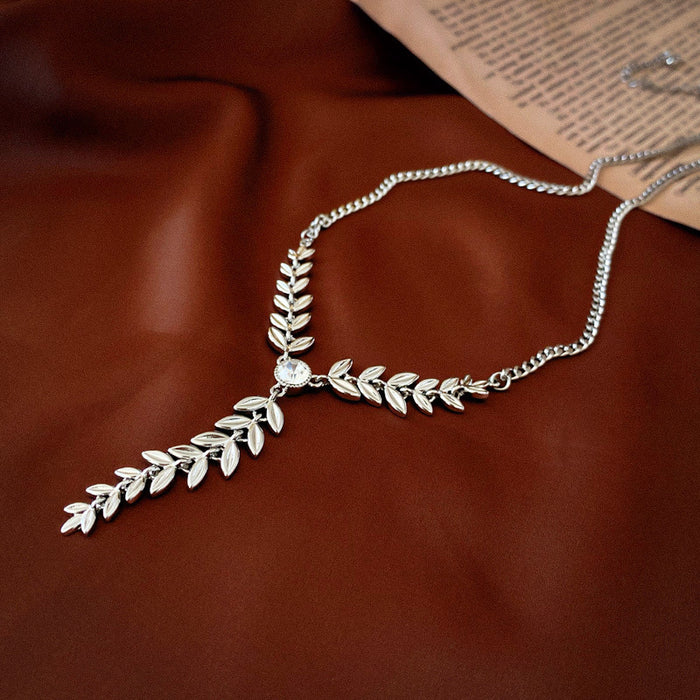 Wholesale Titanium Steel Diamond Leaf Tassel Necklace JDC-NE-PingY002