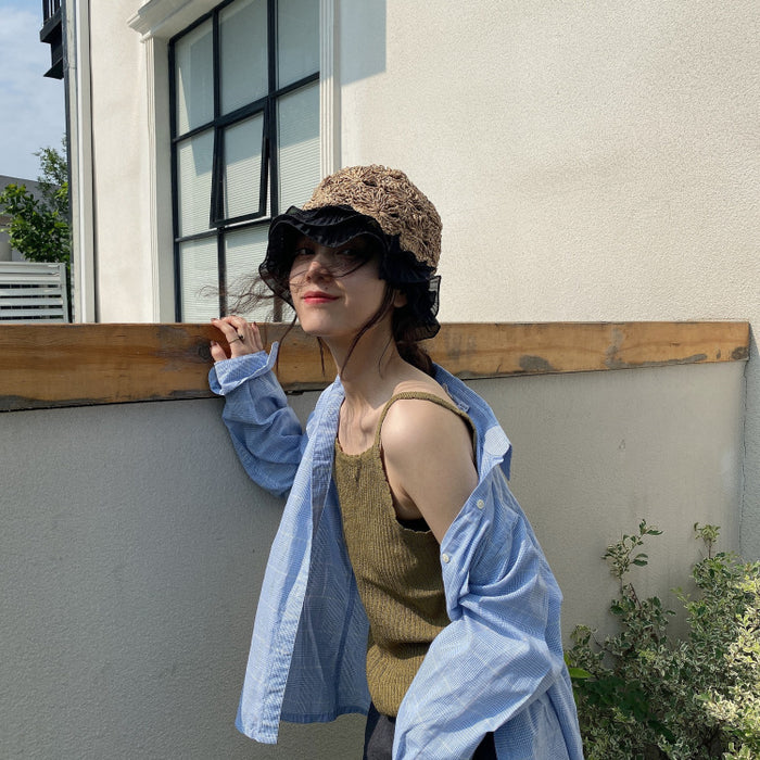 Wholesale Hollow woven lace edged straw hat versatile fisherman hat