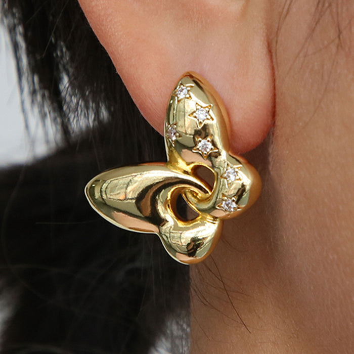 Wholesale   brass zircon earrings 18K gold  butterfly earrings