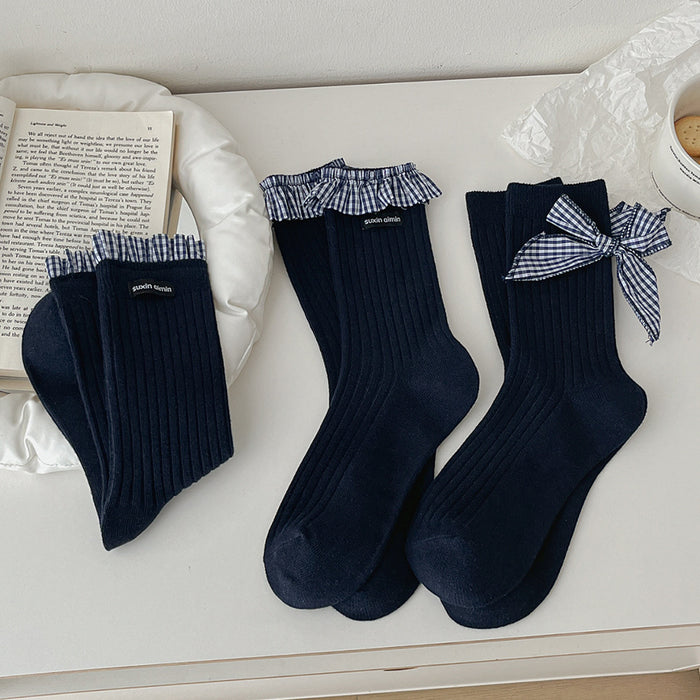 Wholesale Pile socks, butterfly knot socks, mid tube socks, checkered cotton socks