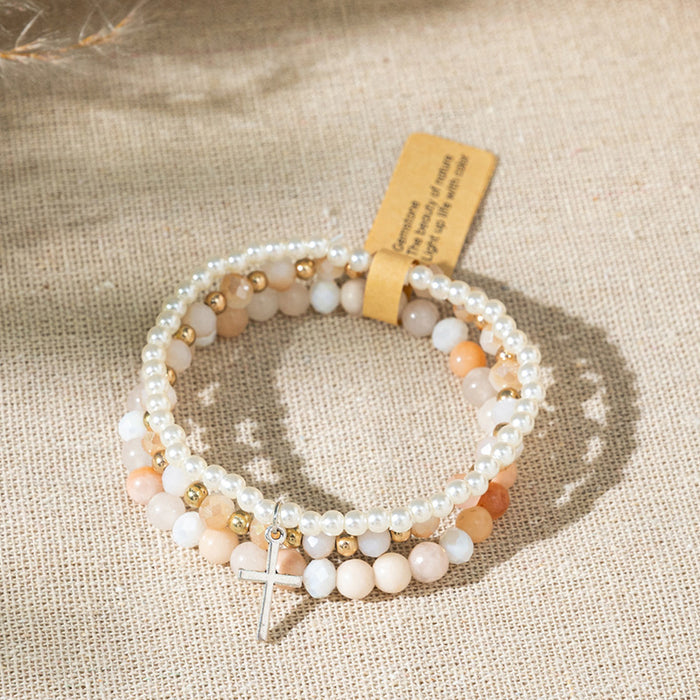 Wholesale Bohemian Color Stone Bracelet Cross Pendant Multi-Layer Stacked Bracelet