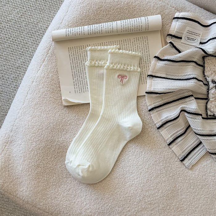 Wholesale New socks with children's embroidery, love heart, women's tube socks, versatile, college style, double-layer lace stacking socks