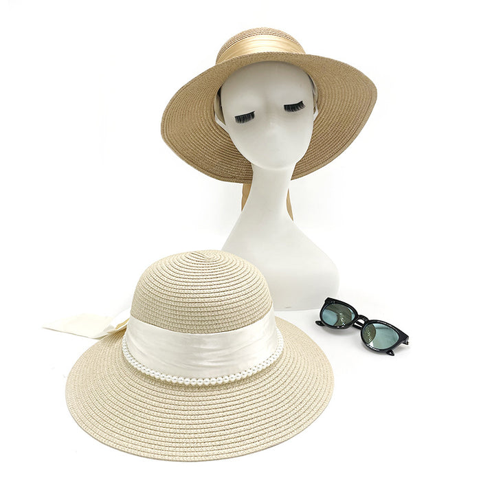 Wholesale Bow Pearl Sun Protection Straw Hat for Women, Summer Sunshade Versatile Hat