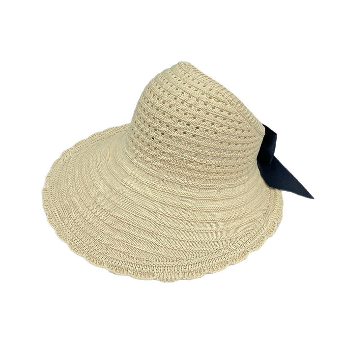 Wholesale New curled edge hollow knitted sun hat temperament bow top hat large brim foldable fisherman hat