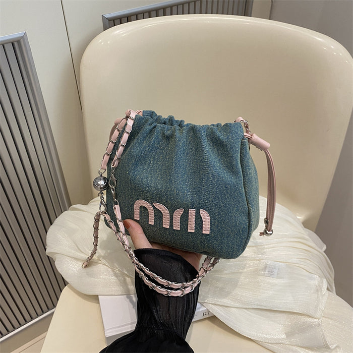 Wholesale Premium and niche canvas bag, chain crossbody bag, fashionable pleated bucket bag