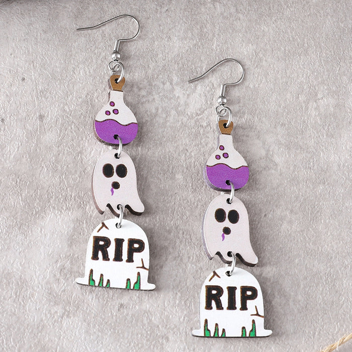 Wholesale  Gothic style cute ghost tassel triple ing earrings wooden double-sided earrings