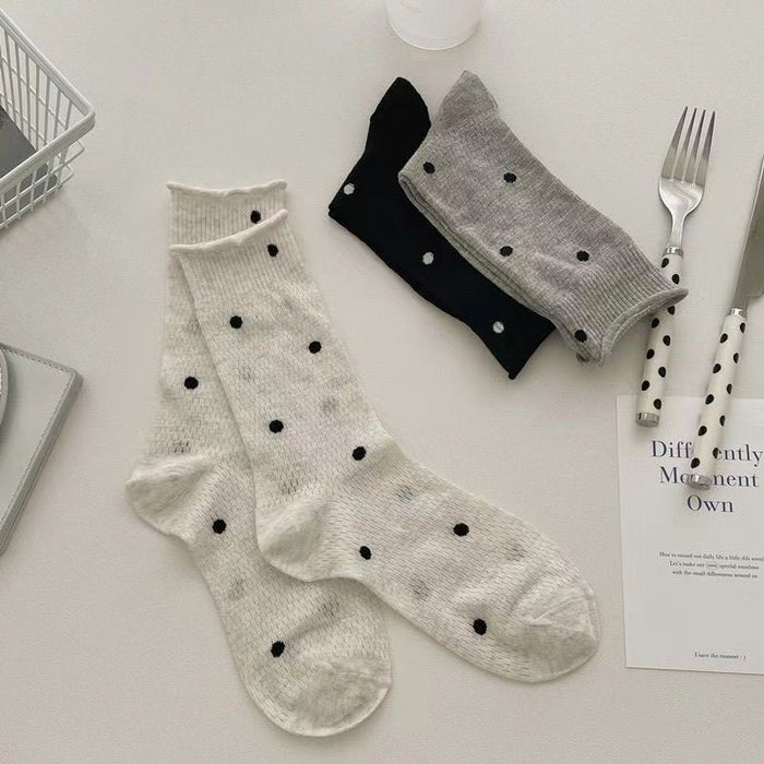 Wholesale Socks, thin, mid length, new mesh breathable, polka dot, rolled edge, stacked socks