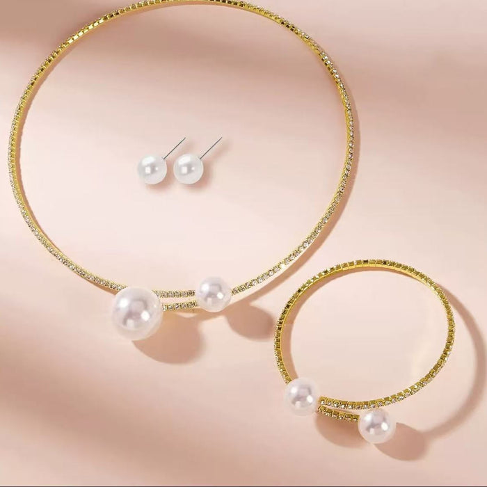 Wholesale 5pcs/set Jewelry Set Pearl and Rhinestone Choker and Bangle 3 Pieces