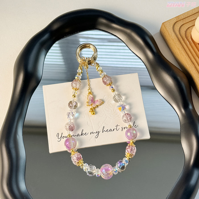 Wholesale Beaded Popcorn Crystal Beads Mobile Phone Chain Alloy Butterfly Gold Beads Keychain