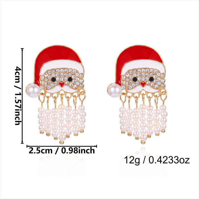 Wholesale Christmas Santa Hat Tassel Earrings Pearl Rhinestone Long Drop Alloy Jewelry Accessory for Holiday Party