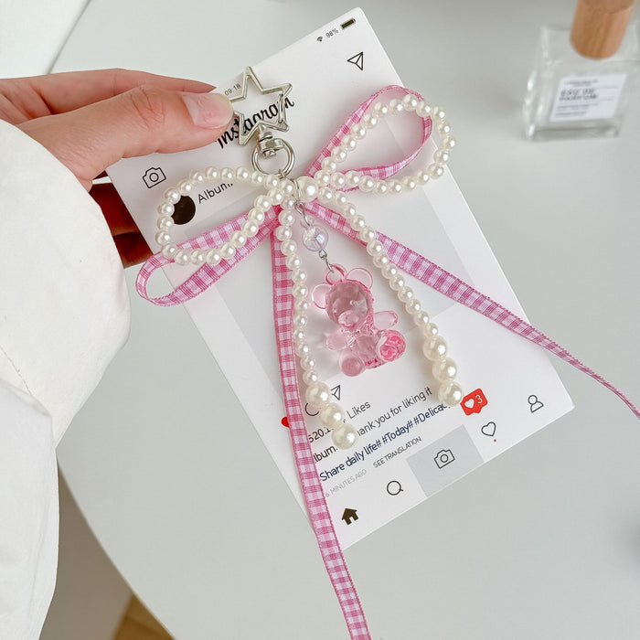 Wholesale Ribbon Bow Mobile Phone Chain Cute Bear Bag Hanging Jewelry Beaded Keychain