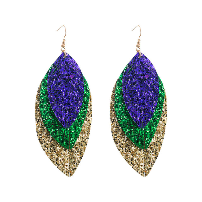 Wholesale Mardi Gras Triple PU Leather Sparkling Leaf-Shaped Leather Earrings