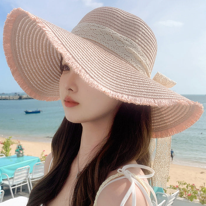 Wholesale Big bow hat for sun protection, fashionable and sweet temperament, large brim sun hat, outdoor sun hat