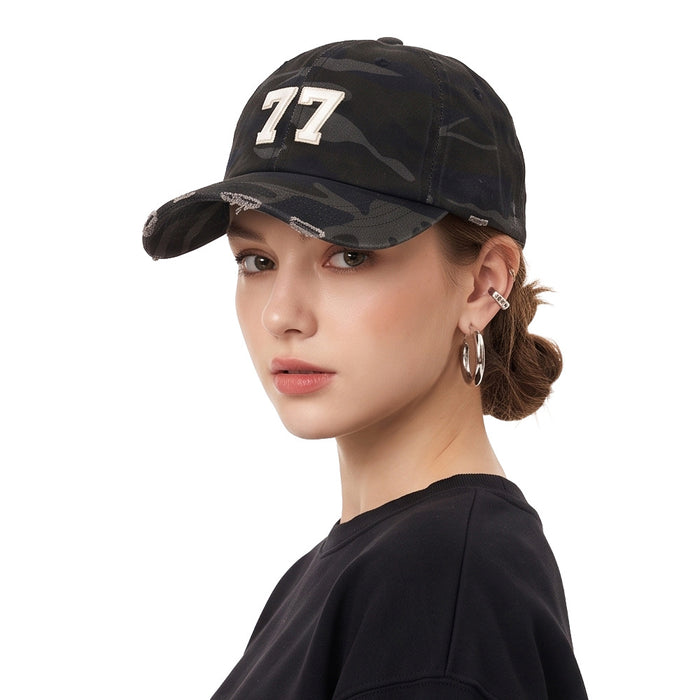 Wholesale Stylish Contrast Number 77 Baseball Cap Distressed Camo Embroidery Fashion Accessory