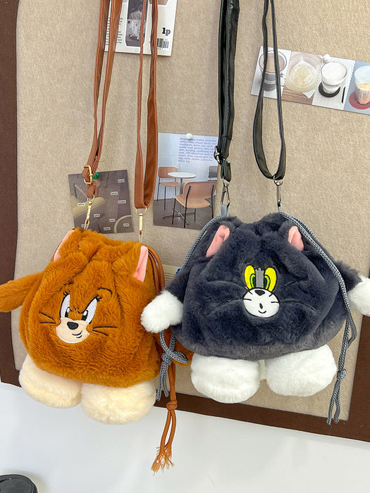 Wholesale Cute Plush Crossbody Women' s Bag Cartoon Cat Drawstring Bucket Shoulder Bag