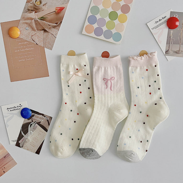 Wholesale Polka dot socks with bow tie, polka dot mid tube socks, thin and breathable, college style cotton socks